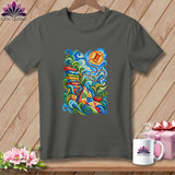 Charcoal gray t-shirt featuring a colorful quilting art graphic on the front, displayed on a wooden background.
