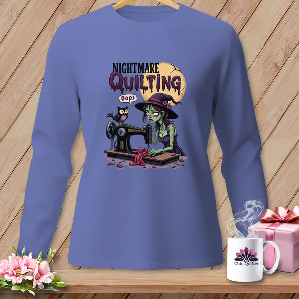 Zombie witch sewing with text "Nightmare Quilting Oops" and a bird.