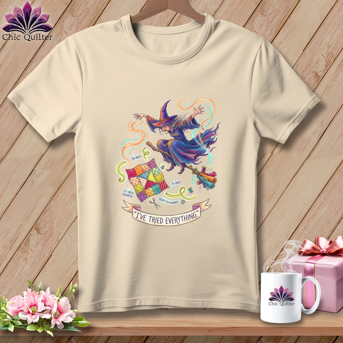 T-shirt with a witch flying on a broomstick, surrounded by quilting supplies and text.